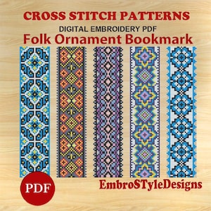 Folk Ornament Bookmark Cross Stitch Patterns: Set of 5 (PDF file)