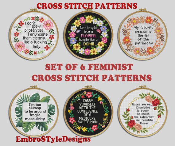 Set of 6 Feminist Quote Cross Stitch Patterns, Snarky Rude Bundle (Digital Download)