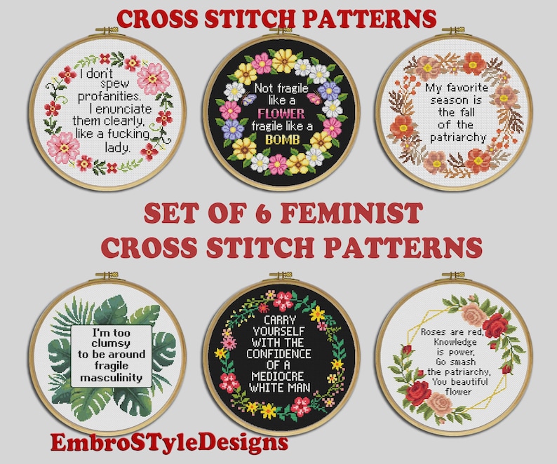 Conjunto de 6 patrones de punto de cruz con citas feministas, paquete Snarky Rude (descarga digital) imagen 1
