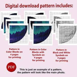 Puede incluir: Patr&oacute;n de punto de cruz de descarga digital, que muestra una escena colorida de aurora boreal con monta&ntilde;as y &aacute;rboles. El patr&oacute;n est&aacute; disponible en bloques de color, s&iacute;mbolos de color y s&iacute;mbolos en blanco y negro, cada uno en cuatro p&aacute;ginas para imprimir. El texto "Patr&oacute;n de descarga digital incluye:" est&aacute; en la parte superior de la imagen.