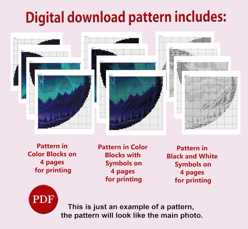 Puede incluir: Patr&oacute;n de punto de cruz de descarga digital, que muestra una escena colorida de aurora boreal con monta&ntilde;as y &aacute;rboles. El patr&oacute;n est&aacute; disponible en bloques de color, s&iacute;mbolos de color y s&iacute;mbolos en blanco y negro, cada uno en cuatro p&aacute;ginas para imprimir. El texto "Patr&oacute;n de descarga digital incluye:" est&aacute; en la parte superior de la imagen.
