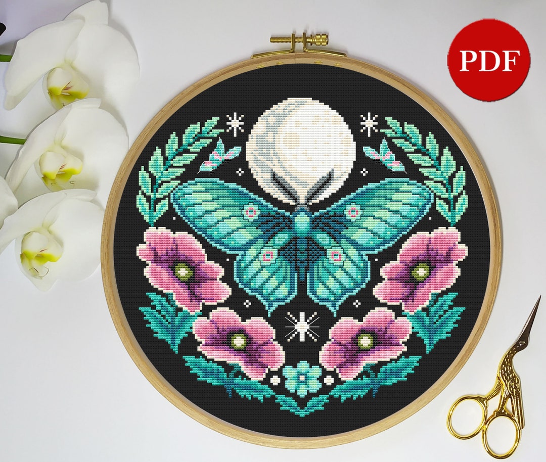 Luna Moth Cross Stitch Pattern: Gothic Moon Phase Design (PDF Pattern ...