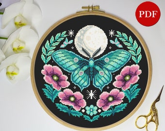 Luna Moth Cross Stitch Pattern: Gothic Moon Phase Design (PDF Pattern)