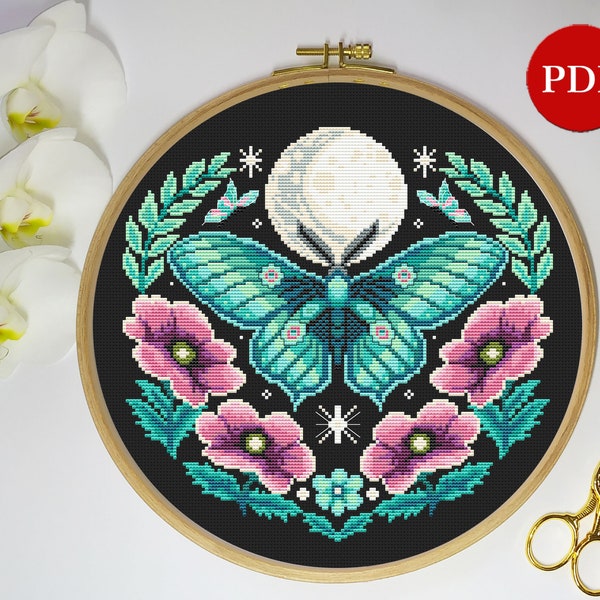 Luna Moth Butterfly Cross Stitch Pattern, Moon Phase Cross Stitch pattern, Mystical gothic witchy PDF Pattern file, Digital download