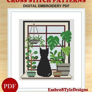 Patrón de punto de cruz de bordado de plantas de gato, patrón de punto de cruz de gato negro en ventana, archivo de patrón PDF de macetas de plantas de casa, descarga digital