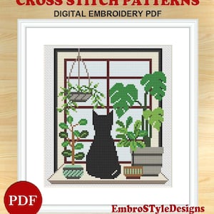 猫の植物の刺繍クロスステッチパターン、窓の黒猫のクロスステッチパターン、観葉植物の鉢の PDF パターンファイル、デジタルダウンロード