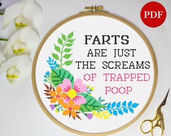 Farts Text Embroidery: Floral Wreath Cross Stitch Pattern (PDF Pattern)