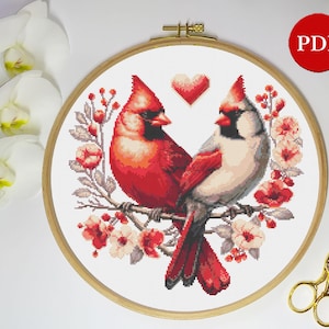 Modèle de point de croix coeur cardinaux, modèle de point de broderie Cardinalidae, fichier de modèle PDF point de croix oiseau cardinal, téléchargement numérique