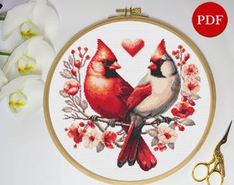 Cardinals Heart Cross Stitch Pattern: Bird Embroidery (PDF Pattern)
