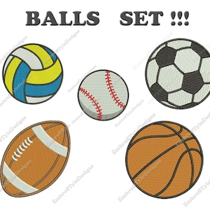 May include: A set of five embroidered sports balls: a volleyball, a baseball, a soccer ball, a football, and a basketball. The balls are all in different colors and have the text "BALLS SET!!!" above them.