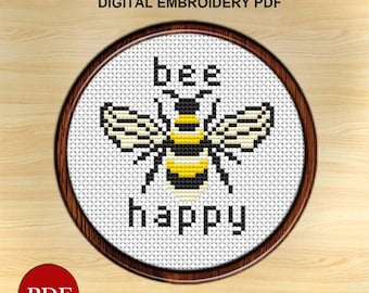 Bee Happy Embroidery Cross Stitch Pattern, Honey bee Modern Cross Stitch Pattern, 5 PDF Patterns, Digital download