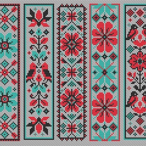 May include: Five embroidered bookmarks with a gray background. Each bookmark features a different design in red, black, and teal. The designs include floral patterns, geometric shapes, and bird motifs. The bookmarks are rectangular and have a border.