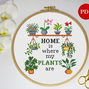 Korsstygnsmönster med växter: Broderi med heminredning (PDF-mönster)