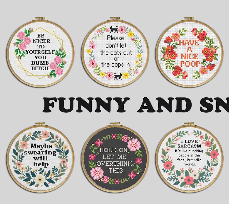 Set of 12 Snarky Cross Stitch Patterns: Funny Sassy Quotes (Digital Download) image 2