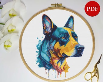 Dog Cross Stitch Pattern, Rainbow Dog Cross Stitch pattern, Colored dog PDF Pattern file,  Watercolor Cross Stitch, Digital download