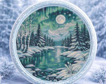 Winter nature and the Northern lights Counted Cross Stitch Pattern: Round Aurora Landscape (PDF Pattern)