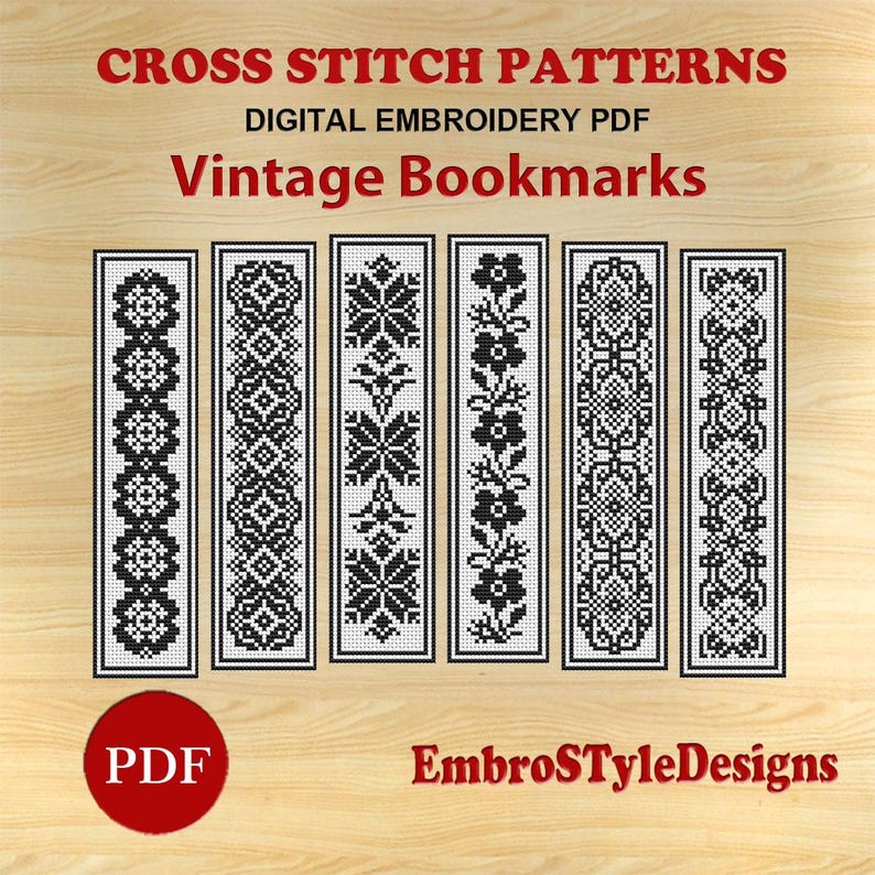 K&ouml;nnte beinhalten: Sechs schwarz-wei&szlig;e Kreuzstich-Lesezeichenmuster. Die Muster sind f&uuml;r Vintage-Lesezeichen und als digitaler Stick-PDF-Download erh&auml;ltlich. Der Text "Cross Stitch Patterns" und "Digital Embroidery PDF" befindet sich oben im Bild. Der Text "Vintage Bookmarks" ist in einer gr&ouml;&szlig;eren Schriftgr&ouml;&szlig;e unter dem anderen Text. Der Text "PDF" befindet sich in einem roten Kreis unten links im Bild. Der Text "EmbroStyleDesigns" befindet sich unten rechts im Bild.