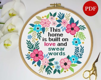 Floral Wreath Cross Stitch Pattern: Love and Swear Home Decor (PDF Pattern)