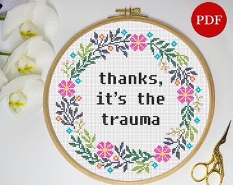 Funny Floral Wreath Cross Stitch Pattern: Mental Health Embroidery (PDF Pattern)