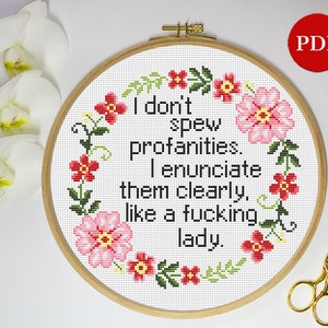 I Don&#39;t Spew Profanities Embroidery Cross Stitch Pattern, Floral Wreath Cross Stitch Pattern, PDF Pattern file, Digital download