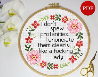I Don&#39;t Spew Profanities Embroidery Cross Stitch Pattern, Floral Wreath Cross Stitch Pattern, PDF Pattern file, Digital download