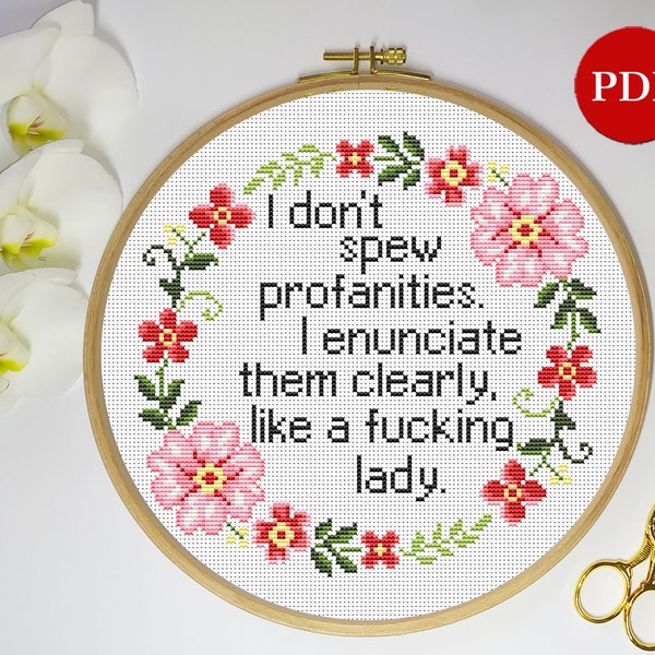 I Don't Spew Profanities Embroidery Cross Stitch Pattern, Floral Wreath Cross Stitch Pattern, PDF Pattern file, Digital download