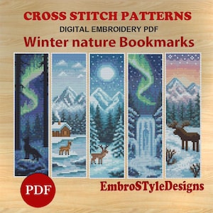 May include: Digital embroidery PDF featuring cross stitch patterns for winter nature bookmarks. The bookmarks depict winter scenes with mountains, forests, and wildlife, including a wolf, deer, and moose. The text on the image reads "Winter nature Bookmarks" and "EmbroStyleDesigns".