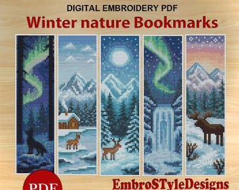 5 Bookmarks Winter nature Cross Stitch Patterns, Snow Mountain, Handmade Bookmark Embroidery, PDF file