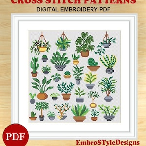 May include: A digital cross stitch pattern featuring a variety of potted plants in different colours and styles. The pattern is perfect for creating a unique and modern piece of art for your home.