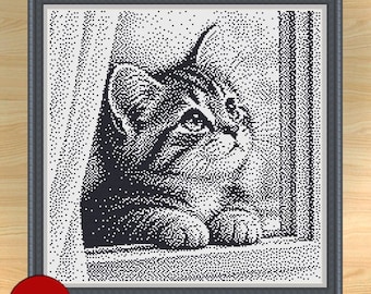 Monochrome Kitten in the window Cross Stitch Pattern: Minimalist One Color Thread Cat (PDF Download)