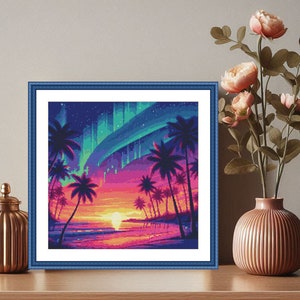 May include: A digital painting of a tropical sunset with palm trees and a vibrant aurora borealis in the sky.