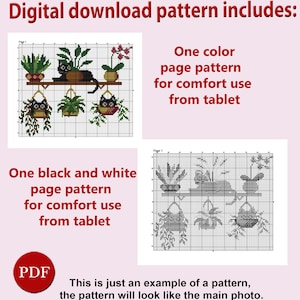 Puede incluir: Un patr&oacute;n de punto de cruz de descarga digital que presenta un gato negro sentado en un estante con plantas colgantes. El patr&oacute;n incluye una p&aacute;gina a color y una p&aacute;gina en blanco y negro para una f&aacute;cil visualizaci&oacute;n en una tableta. El texto "Digital download pattern includes:" est&aacute; en la parte superior de la imagen. El texto "PDF" est&aacute; en un c&iacute;rculo rojo en la parte inferior de la imagen.
