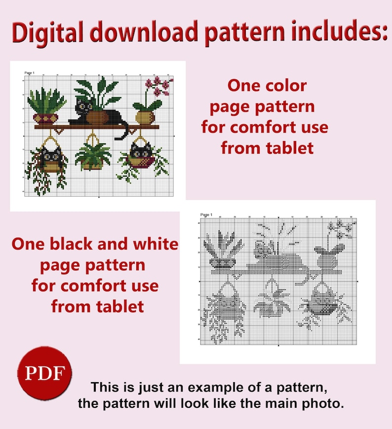 Puede incluir: Un patr&oacute;n de punto de cruz de descarga digital que presenta un gato negro sentado en un estante con plantas colgantes. El patr&oacute;n incluye una p&aacute;gina a color y una p&aacute;gina en blanco y negro para una f&aacute;cil visualizaci&oacute;n en una tableta. El texto "Digital download pattern includes:" est&aacute; en la parte superior de la imagen. El texto "PDF" est&aacute; en un c&iacute;rculo rojo en la parte inferior de la imagen.