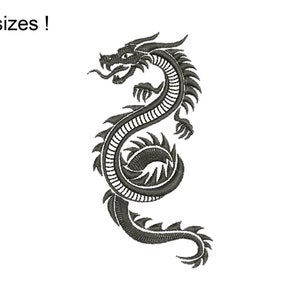 May include: Black and white embroidered design of a dragon with sharp claws and a curled tail.