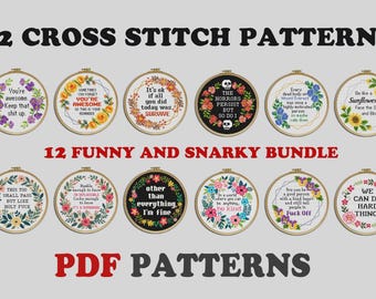Set of 12 Snarky Quote Cross Stitch Patterns: Funny Sarcastic Floral Bundle (PDF Download)