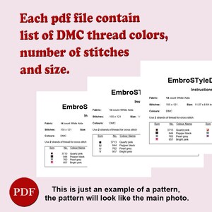 K&ouml;nnte beinhalten: Eine Nahaufnahme eines Dokuments mit Anweisungen f&uuml;r ein Kreuzstichmuster. Das Dokument enth&auml;lt eine Liste von DMC-Garnfarben, die Anzahl der Stiche und die Gr&ouml;&szlig;e des Musters. Das Dokument tr&auml;gt den Titel "EmbroStyle Instructions" und "EmbroS".