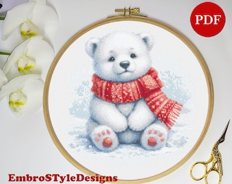 Polar Bear Cub Cross Stitch Pattern: Winter Animal Embroidery (PDF Pattern)