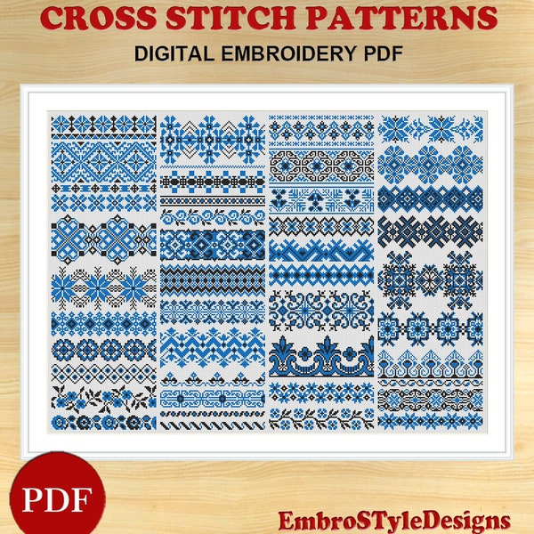 Sampler Borders Cross Stitch Pattern, 46 Decorative Borders Cross Stitch Pattern, Folk ornament Embroidery Pattern, PDF file