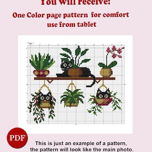 May include: Black and white cross stitch pattern featuring a black cat sitting on a shelf with potted plants. The pattern is labelled "Page 1" and is for use with a tablet.