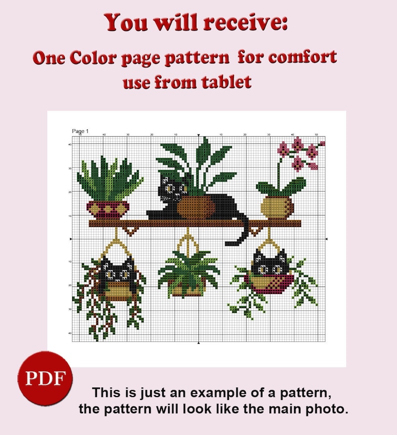 May include: Black and white cross stitch pattern featuring a black cat sitting on a shelf with potted plants. The pattern is labelled "Page 1" and is for use with a tablet.