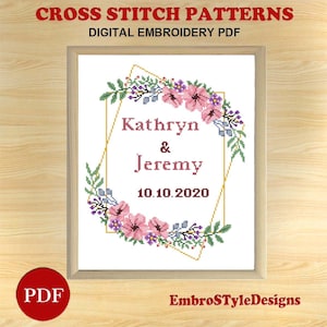 Wedding modern cross stitch pattern, Custom personalized love anniversary floral wreath flower Cross Stitch, PDF file, Digital download