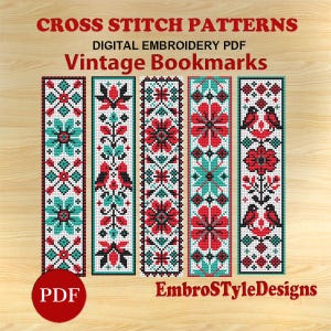 May include: Five cross-stitch patterns for vintage bookmarks are displayed. The designs feature red, teal, and white floral and bird motifs. The text includes "Cross Stitch Patterns," "Digital Embroidery PDF," and "Vintage Bookmarks."