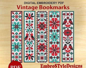 5 patrones de punto de cruz para marcapáginas vintage con pájaros: Bordado folclórico (archivo PDF)