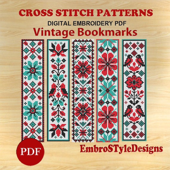 5 Vintage Bookmarks Cross Stitch Patterns with Birds: Folk Embroidery (PDF file)