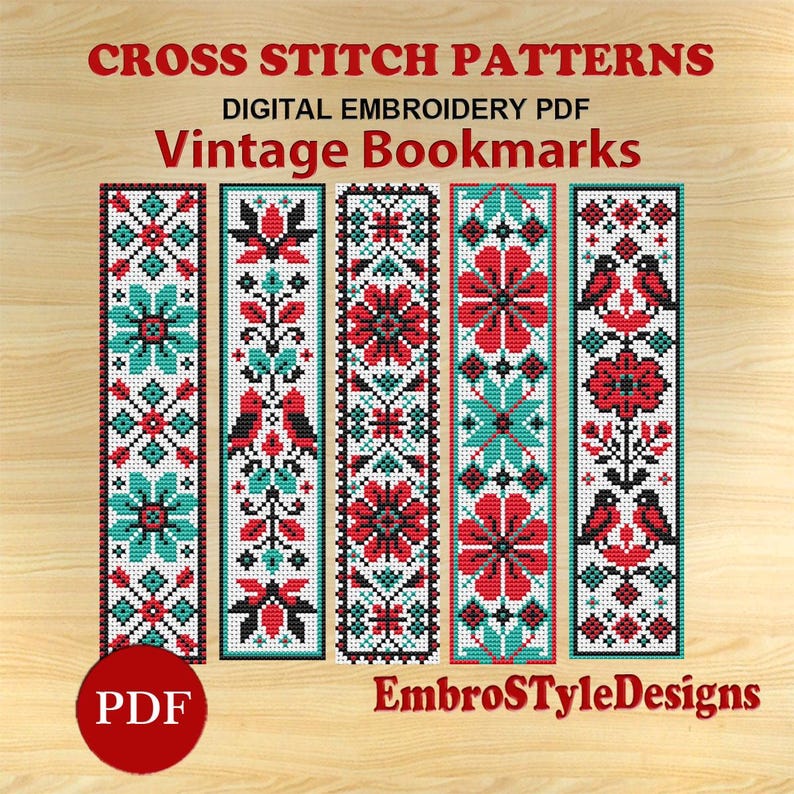 May include: A collection of five cross-stitch patterns for vintage bookmarks. The designs feature red, teal, and white floral and bird motifs. The text includes "Cross Stitch Patterns," "Digital Embroidery PDF," and "Vintage Bookmarks."