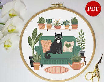 Cat on Sofa Cross Stitch Pattern: House Plants Embroidery (PDF Pattern)