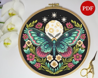 Luna Moth Cross Stitch Pattern: Green Butterfly, Moon Phase (PDF Pattern)