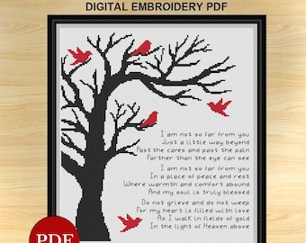 I am not so far, Cardinal Family Tree Cross Stitch Pattern: Memorial Gift (PDF)