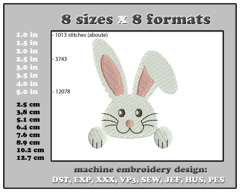 Puede incluir: Dise&ntilde;o de bordado a m&aacute;quina de un conejito blanco con orejas rosas asom&aacute;ndose por un borde blanco. El dise&ntilde;o est&aacute; disponible en 8 tama&ntilde;os de 1 a 5 pulgadas y en 8 formatos: DST, EXP, XXX, VP3, SEW, JEF, HUS, PES.