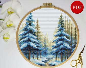 Paisaje de bosque nevado, patrón de punto de cruz contado: acuarela, bosque sereno, río y bosque brumoso